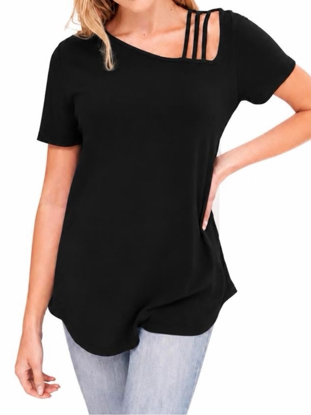 White Birch Classy Lil Black Top XL • Ribbed Knit • Asymmetrical Strap Neckline